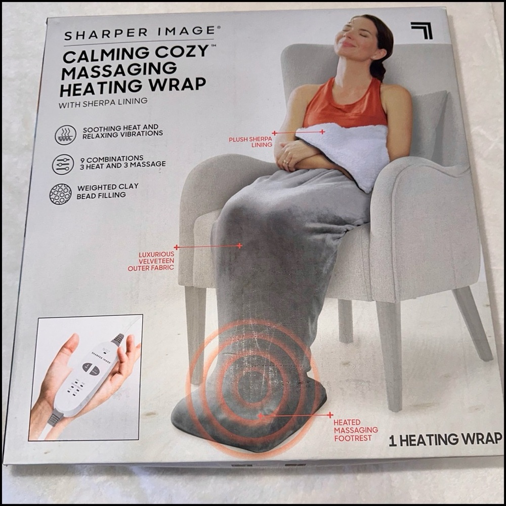 🔥♨️Sharper Image Gray Massaging Heating Wrap with Sherpa Lining
